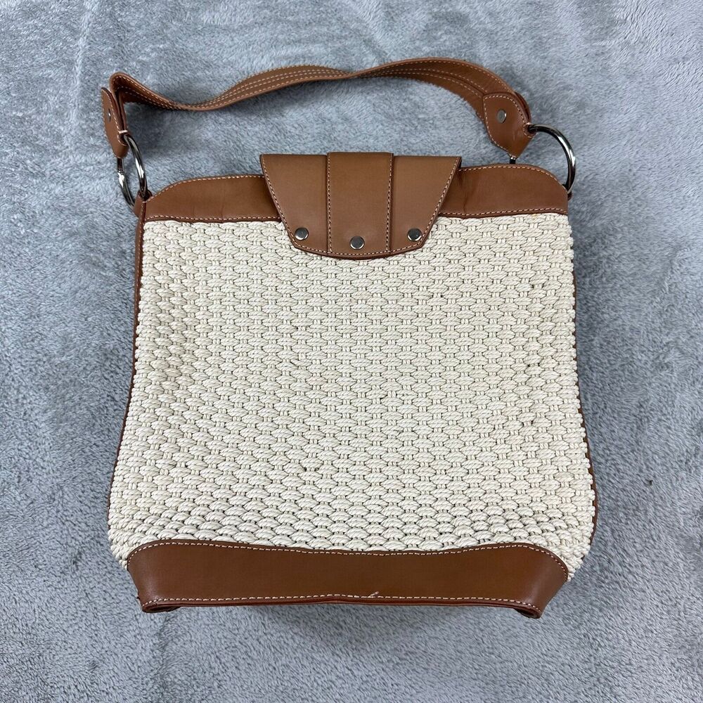 Kate Landry Woven Straw Leather Shoulder Bag Tan White Convertible Strap - Picture 3 of 7